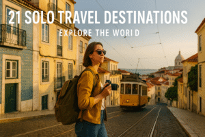 Confident solo female traveler exploring Lisbon, Portugal, walking past pastel-colored buildings and iconic yellow Tram 28 with camera in hand, bathed in golden Mediterranean sunlight.