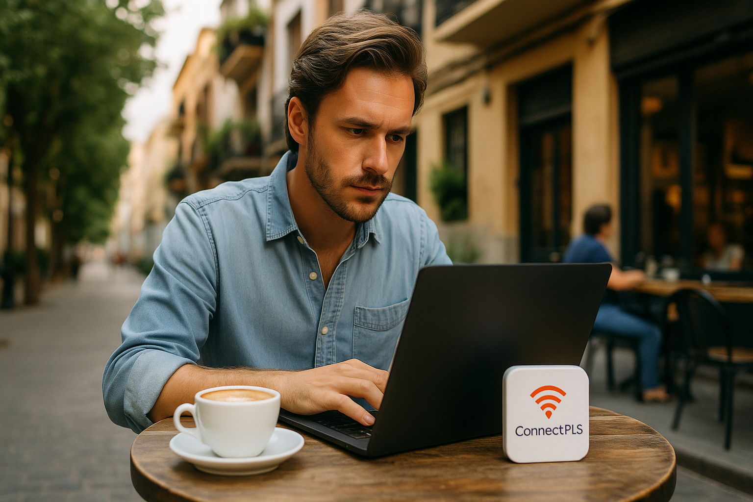 Digital nomad working on laptop at an urban café in South America using ConnectPls portable WiFi device
