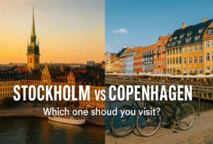 Split-screen photo comparison of Stockholm’s Gamla Stan at golden hour and Copenhagen’s vibrant Nyhavn in daylight, highlighting the travel contrast between two popular Scandinavian cities