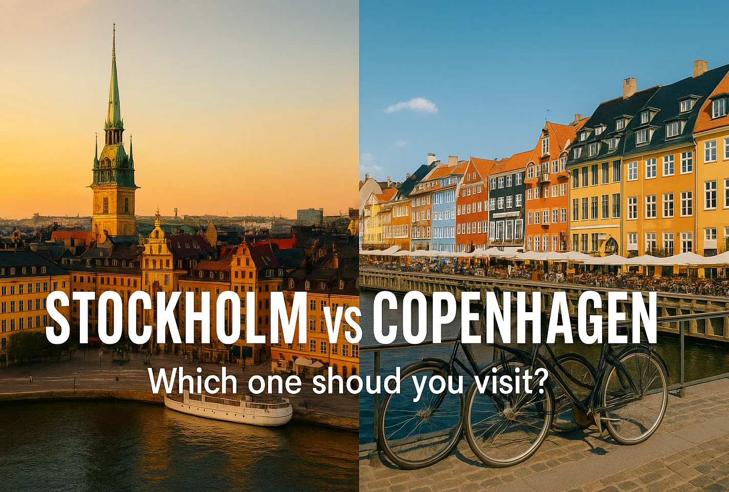 Split-screen photo comparison of Stockholm’s Gamla Stan at golden hour and Copenhagen’s vibrant Nyhavn in daylight, highlighting the travel contrast between two popular Scandinavian cities