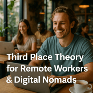 Happy digital nomads coworking in a vibrant café, showcasing Third Place Theory for remote workers with laptops, coffee, and modern interior design