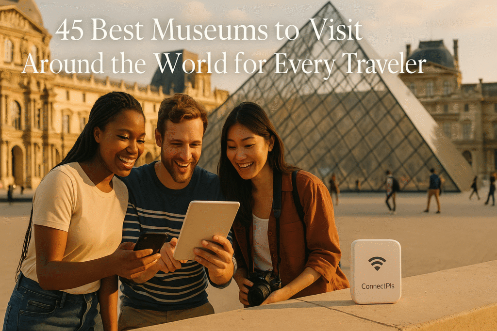 Tourists using ConnectPls portable Wi-Fi outside the Louvre Pyramid in Paris, one of the top museums in the world, staying connected while exploring cultural landmarks