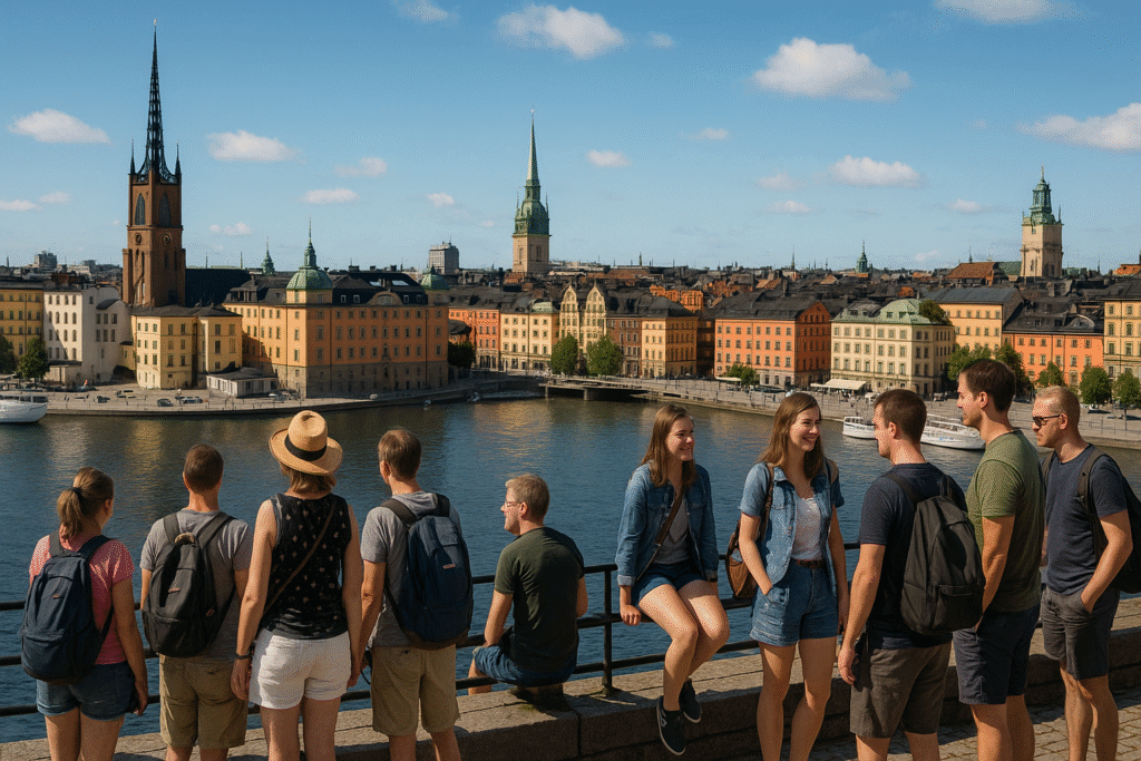 Tourists enjoying a sunny summer day in Stockholm, Sweden, overlooking Gamla Stan’s colorful waterfront and historic landmarks along the Baltic Sea.