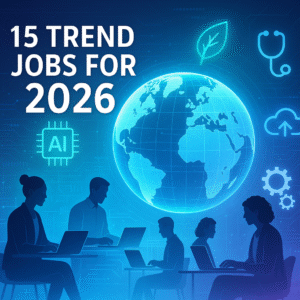 Futuristic digital illustration of professionals working remotely on laptops with a glowing holographic globe in the center, surrounded by icons representing AI, sustainability, healthcare, data, and automation, under the title “15 Trend Jobs for 2026.”