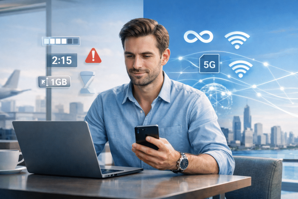 Remote worker comparing monthly unlimited data plans vs daily data plans while working abroad with reliable internet connectivity.