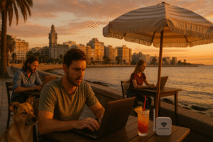 Digital nomads working remotely on laptops at a Montevideo waterfront promenade during sunset, with a ConnectPLS WiFi router on the table, showcasing remote work lifestyle in Uruguay