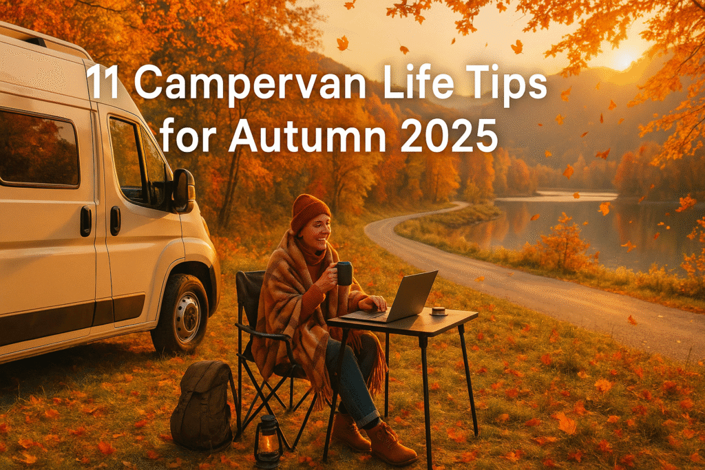 Happy solo traveler enjoying cozy autumn campervan life beside a scenic lake and winding countryside road, wrapped in a blanket with a warm drink and laptop, surrounded by golden fall foliage and sunset glow — perfect image for autumn van life tips and seasonal road trip inspiration.
