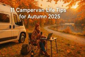 Happy solo traveler enjoying cozy autumn campervan life beside a scenic lake and winding countryside road, wrapped in a blanket with a warm drink and laptop, surrounded by golden fall foliage and sunset glow — perfect image for autumn van life tips and seasonal road trip inspiration.