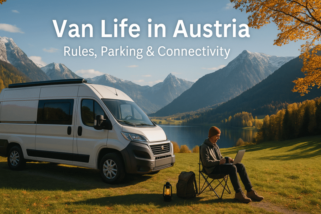 Modern campervan parked by alpine lake in Austria with digital nomad working on laptop, surrounded by autumn foliage and snowy mountain peaks – van life in Austria, remote work travel lifestyle.