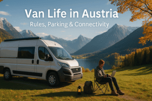 Modern campervan parked by alpine lake in Austria with digital nomad working on laptop, surrounded by autumn foliage and snowy mountain peaks – van life in Austria, remote work travel lifestyle.