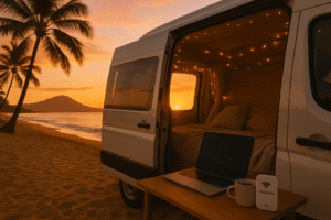 Modern campervan parked on a Hawaiian beach at sunset with a ConnectPls WiFi device, laptop, and coffee on a table—ideal van life remote work setup.