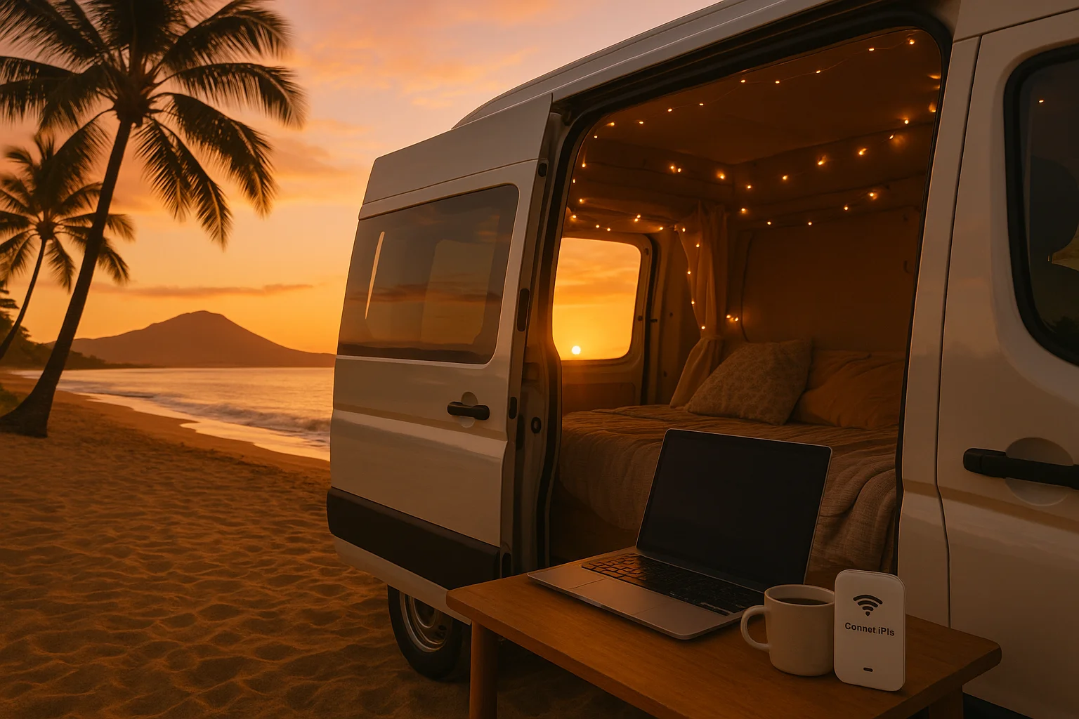 Modern campervan parked on a Hawaiian beach at sunset with a ConnectPls WiFi device, laptop, and coffee on a table—ideal van life remote work setup.