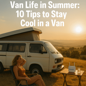 Woman relaxing beside a vintage camper van in a golden summer field with a ConnectPls WiFi router on a table – van life tips to stay cool in summer.