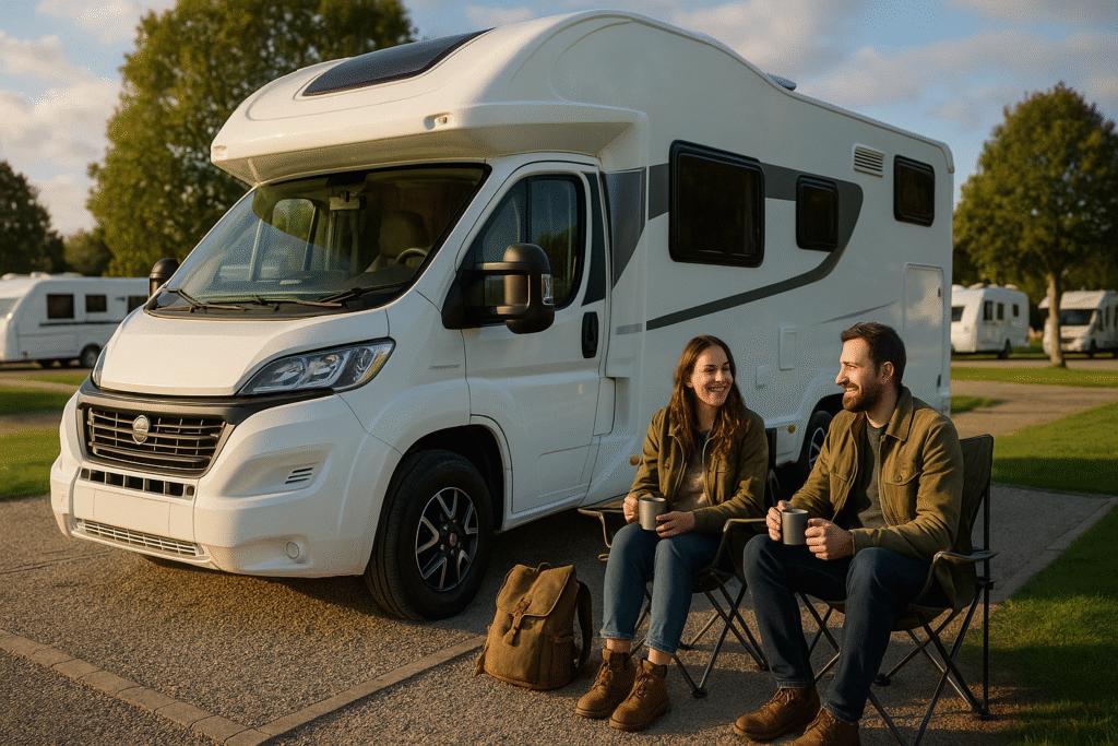 Couple enjoying coffee outside their campervan at a UK motorhome campsite during golden hour, showcasing vanlife lifestyle, remote travel, and campervan living in the UK countryside