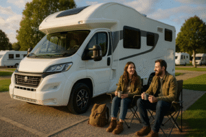 Couple enjoying coffee outside their campervan at a UK motorhome campsite during golden hour, showcasing vanlife lifestyle, remote travel, and campervan living in the UK countryside