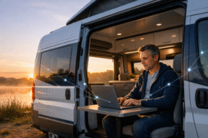 Digital nomad working remotely on a laptop inside a modern camper van at sunrise, highlighting mobile work and travel lifestyle.