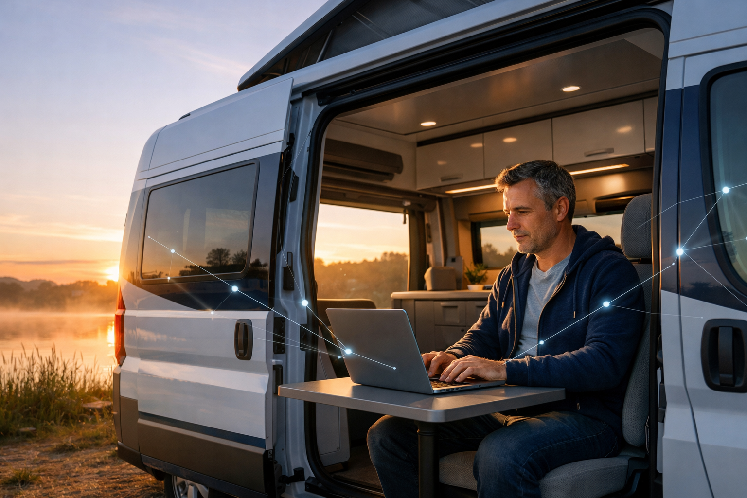 Digital nomad working remotely on a laptop inside a modern camper van at sunrise, highlighting mobile work and travel lifestyle.