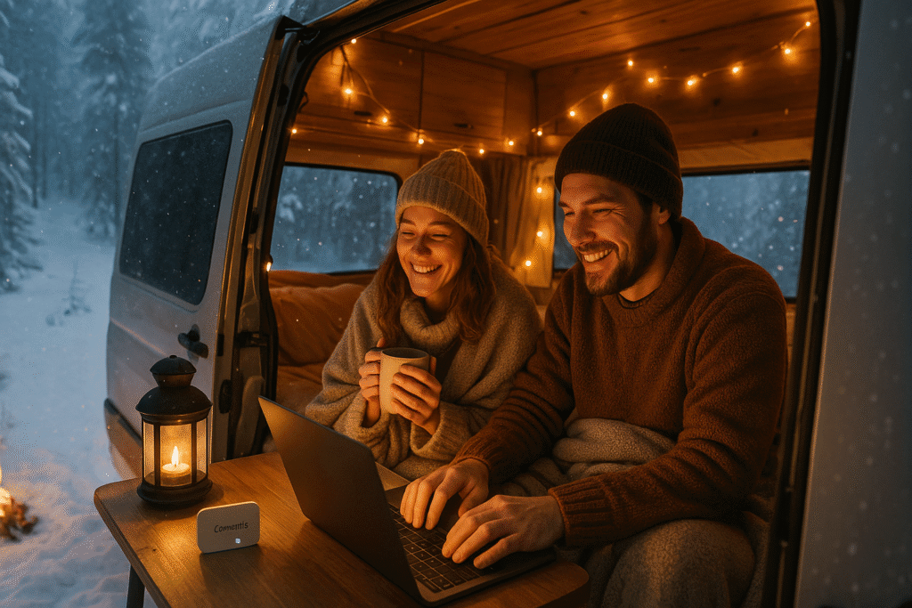 Couple enjoying cozy van life in winter, relaxing inside a warmly lit camper van surrounded by snow, using ConnectPls portable WiFi while sipping hot drinks; snowy forest background with soft lantern and fairy lights for ambiance — perfect off-grid RV lifestyle moment.