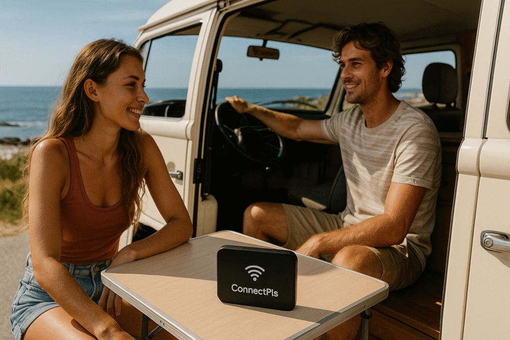 Couple enjoying a summer van trip by the coast using ConnectPls portable WiFi, with ocean view in the background