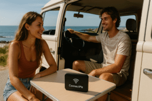 Couple enjoying a summer van trip by the coast using ConnectPls portable WiFi, with ocean view in the background