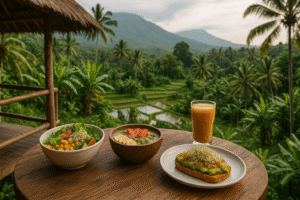 Ultra-realistic tropical vegan travel destination featuring fresh plant-based dishes on a wooden terrace overlooking lush green rice fields and palm trees in a serene mountain landscape