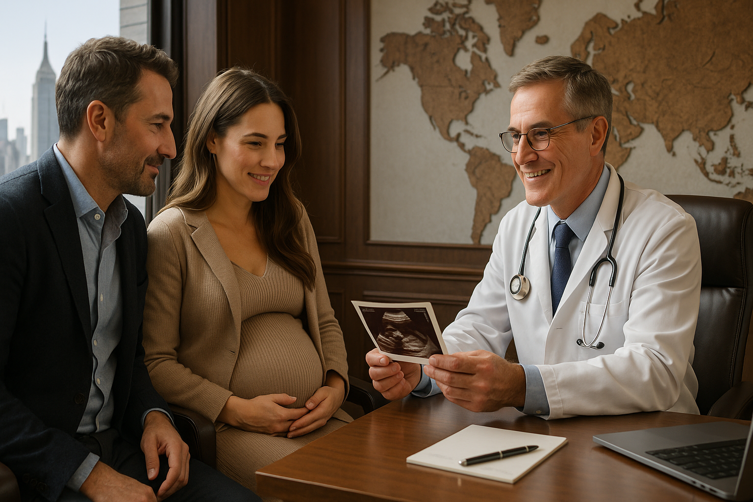 Expecting couple stylishly dressed in smart casual clothing consulted by a smiling doctor in a modern corner office with a New York City skyline view and world‑map mural in the backgroun