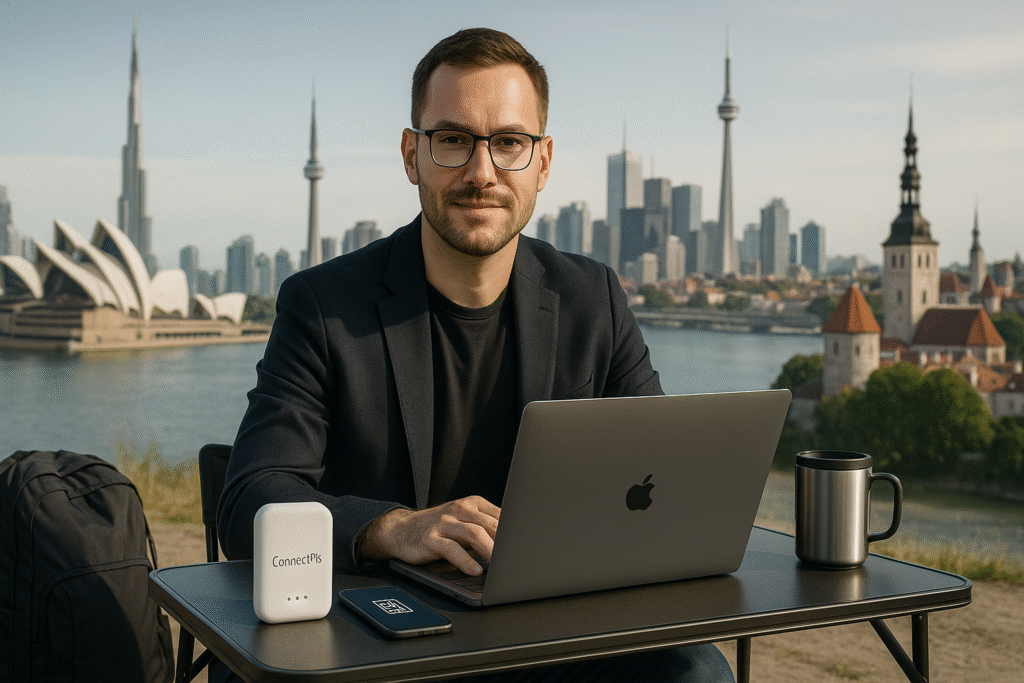 Digital nomad entrepreneur working remotely outdoors with ConnectPls portable WiFi device and eSIM phone, using a laptop with iconic global business landmarks in the background—symbolizing freedom, mobility, and international entrepreneurship.