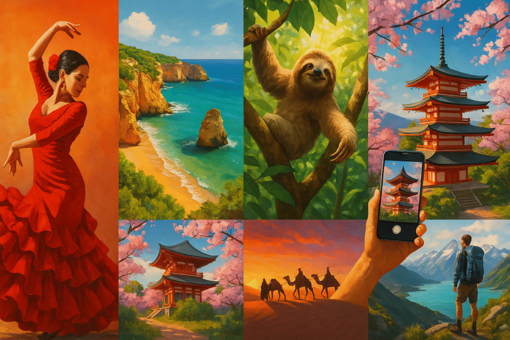 Seven summer travel destinations representing emotions like freedom, joy, and wonder with nature, culture, and adventure scenes in a scenic 16:9 collage