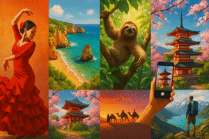 Seven summer travel destinations representing emotions like freedom, joy, and wonder with nature, culture, and adventure scenes in a scenic 16:9 collage
