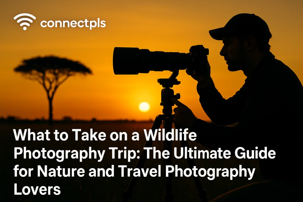 A silhouette of a wildlife photographer setting up a camera on a tripod in a savanna at sunset, with an acacia tree in the background and the Connectpls logo above the blog title 'What to Take on a Wildlife Photography Trip: The Ultimate Guide for Nature and Travel Photography Lovers' displayed in bold white text