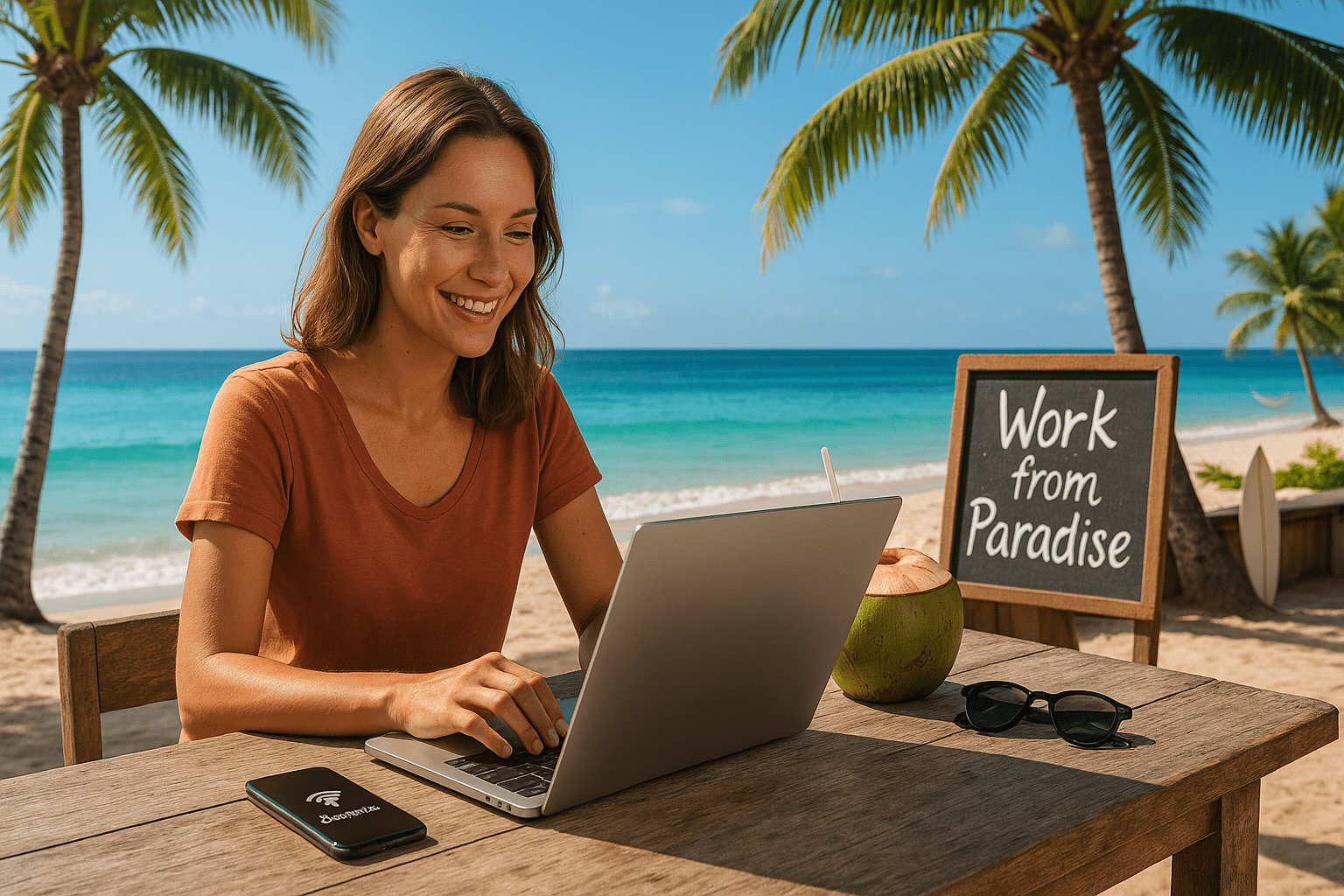 Female digital nomad working remotely at a tropical beach café with a laptop and ConnectPls WiFi device, surrounded by palm trees and ocean view — ideal remote work setup in warm winter destination