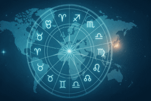Zodiac wheel overlayed on a world map with astrological symbols, illustrating global relocation advice based on zodiac signs for astrology-themed blog.